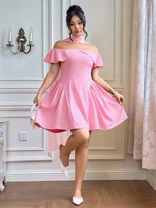 Roveilla 大码女士优雅浪漫露肩迷你连衣裙，配腰带，短款荷叶边圣诞连衣裙，修身腰部连衣裙，性感红色连衣裙，生日连衣裙，浪漫连衣裙 - 粉色 - 查看 6