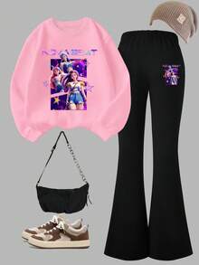 Sparklyn 一套少女时尚 K-POP NOVA BEAT 字母、星星和酷女孩图案粉色连帽衫和喇叭裤套装，适合年轻女孩外出、度假、作为礼物 - 彩色 - 查看 3