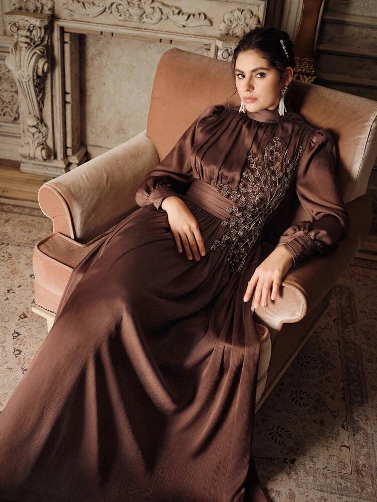 Elegant Round Neck Lantern Sleeve Diamond Embroidered Waist A-Line Women's Party Dress, Suitable For Party, Wedding, Spring, Summer, Elegant, Valentine's Day, Carnival