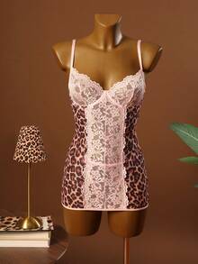 Sexy 2-teiliges Set: Süß, wild, modischer Kontrast-Farben-Tierdruck-Spitzen-Patchwork-Trägerkleid + String-Dessous - Verschiedenfarbig - Übersicht 3