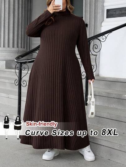 SHEIN CURVE+ Plus Size Women Ribbed Turtleneck Long Sleeve A-Line Knit Dress, Autumn/Winter