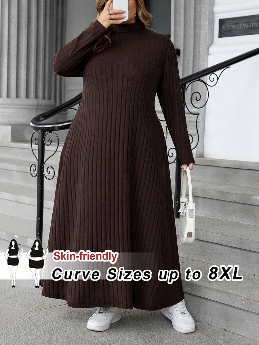 SHEIN CURVE+ Váy len dệt kim dáng chữ A dài tay cổ lọ gân cỡ lớn dành cho nữ, mùa thu/đông - màu nâu - Xem 1