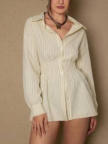 Freevana Áo sơ mi dài tay kẻ sọc ve áo thanh lịch, thoải mái, dễ mặc hàng ngày, đa năng, có eo, size lớn dành cho nữ - Màu be - Xem 6