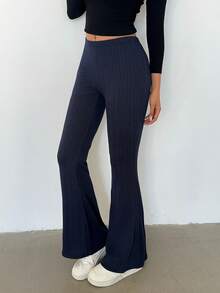 Flirla Women's Autumn/Winter Cable Knit Texture Navy Blue Flared Leggings - Navy Blue - View 4