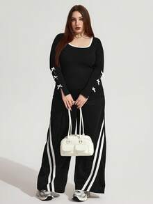 Enliva Camiseta de Manga Longa Ajustada Plus Size Feminina, Detalhes de Contraste Aparados, Roupas com Laço Decorativo para Mulheres, Inverno, CURVE PLUS