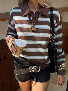 Livesso Women's Autumn Retro Striped Turtleneck Sweater - Khaki - View 3