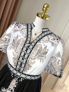 Rometta 大码女式印花立领泡泡袖连衣裙，度假款 - 黑與白 - 查看 5