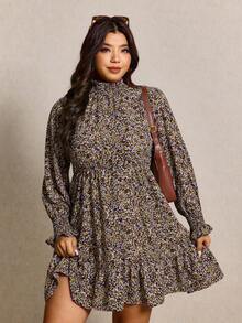 Elaquor Plus Size Casual Ditsy Floral Stand Collar Dress, Autumn Plus Size Boho Dress Ditsy Floral Dress Plus Size Winter Dresses, Casual Outfits For Women - Multicolor - View 5