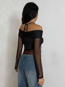 Glamine Women's Autumn/Winter Ruched Waist, Halter Neck, Mesh Patchwork Black Bodysuit - Black - View 5