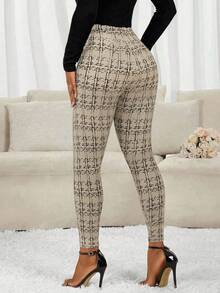 SHEIN Lady Quần legging kẻ caro đính nút cho nữ, thời trang và đa năng - Màu be - Xem 2