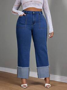 Slaydiva Quần jean ống đứng bó màu xanh phong cách cowgirl cho nữ cỡ lớn, viền cuộn, mùa thu - Rửa trung bình - Xem 3