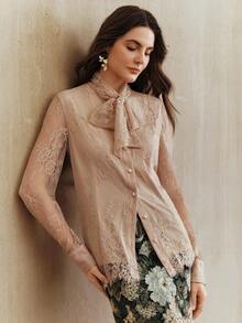 Anewsta Women's New Apricot Lace Long Sleeve Top & Lace Skirt Set With Bow Tie - Apricot - View 6