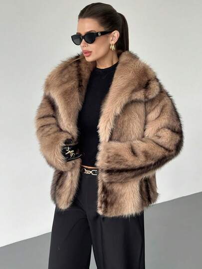 Firerie Women's 2025 New Christmas & New Year Faux Fur Collar Faux Fur Coat, Vintage Loose Long Sleeve Women Faux Fur Coat Elegant Faux Fur Vintage Overcoat, Gradient Color Coat, Fall Winter For Women Brown Furry Faux Fur Coats Long Sleeve Open Front Solid Color Collar Fluffy Coat, Loose Cropped Casual Fur Top Elegant Chic Outwear, Autumn, Night Out, Parties, Date Night, Country, Homecoming, Casual, Thanksgiving, Holiday Vacation For Going Out