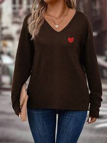 EMERY ROSE New Coffee Brown Casual Basic V-Neck Long Sleeve T-Shirt With Red Heart Print, Plus Size - Coffee Brown - View 4