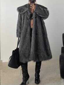 POPSWAY 加大码人造毛领长袖毛绒外套 - 灰色 - 查看 4