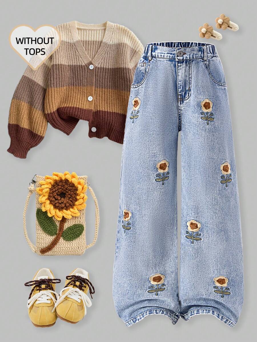 SHEIN ChillGRL Tween Girl Jeans - Distressed Snow Wash Embroidered Wide Leg Jeans, Suitable For Spring, Summer, Autumn, Winter Aesthetic Sunflower Earthy 70s Sunflower Flower Embroidered Jeans - Blue - View 1