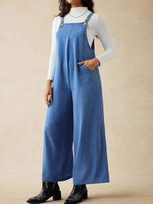 Boho Mama Mono holgado y casual de maternidad de unicolor con diseño de botones y bolsillos, para otoño - Azul - Ver 5