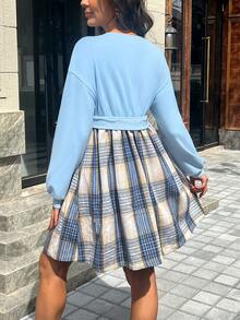 SHEIN A-Line Pleated Plaid Patch Round Neck Long Sleeve Dress - Baby Blue - View 2