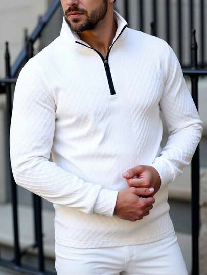 Manfinity Mode 男士纹理面料拉链长袖Polo衫，标准尺码，秋冬款