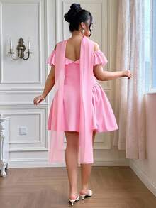 Roveilla 大码女士优雅浪漫露肩迷你连衣裙，配腰带，短款荷叶边圣诞连衣裙，修身腰部连衣裙，性感红色连衣裙，生日连衣裙，浪漫连衣裙 - 粉色 - 查看 2