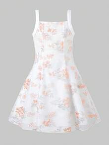 Tween Girls'white And Blue Floral Elegant Luxurious Summer Party Spaghetti Strap Backless Bow Midi Dress,Wedding Flower Girl Birthday Graduation - White - View 3