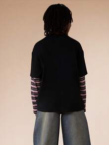 SUMWON Tween Boys Double Layer Long Sleeve Crew Neck T-Shirt With Striped Sleeve Contrast Design Graphic Print Casual Vacation - Multicolor - View 2