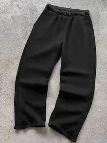 Manfinity Dauomo 男女通用宽松直筒裤 - 弹性抽绳腰带，四季皆宜的街头休闲裤，适合日常和正式场合穿着，可机洗，百搭耐穿，经久耐用的刺绣设计，都市风格 - 黑色 - 查看 2