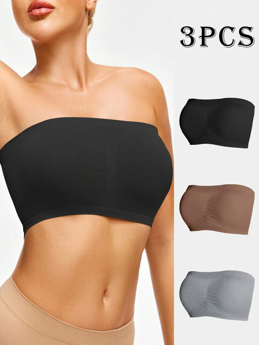 SHEIN 女士无缝优雅单肩文胸套装3件套，夏季 - 彩色 - 查看 1