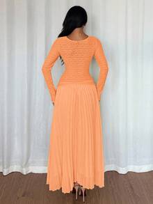 Rafferiza Robe élégante pour femmes à col V, avec boutons décoratifs, couleur unie, avec plis croisés et ourlet plissé - Orange - Voir 2