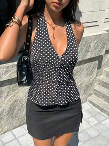 SHEIN Swim Fashionable Sexy Polka Dot Halter Backless Top - Black - View 5
