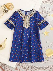 Middle Eastern Style Gold Lace Trim Loose Long Sleeve Dress,Blue Floral,Summer,Boho,Birthday - Blue - View 8