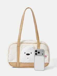 We Bare Bears X SHEIN 1 Túi tote vải nhung chắp vá thời trang màu kaki dung tích lớn - Màu Khaki - Xem 6