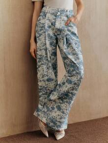 Anewsta Quần jean denim in họa tiết hoa lãng mạn dành cho nữ, thích hợp cho mùa xuân/hè. - Xanh và trắng - Xem 7