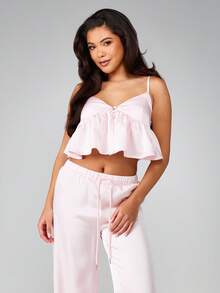 MISSGUIDED Cute Cami Ruffle Two Piece Pajama Set With Wide Leg Palazzo Pants And Off Shoulder Sweetheart Neckline For Sleep Lounge - Baby Pink - View 3