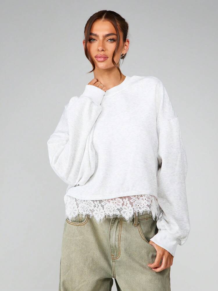 MISSGUIDED Women's Brushed Back Sweatshirt With White Lace Trim Hem Detail Long Sleeve Crew Neck Pullover Top For Fall Winter Season