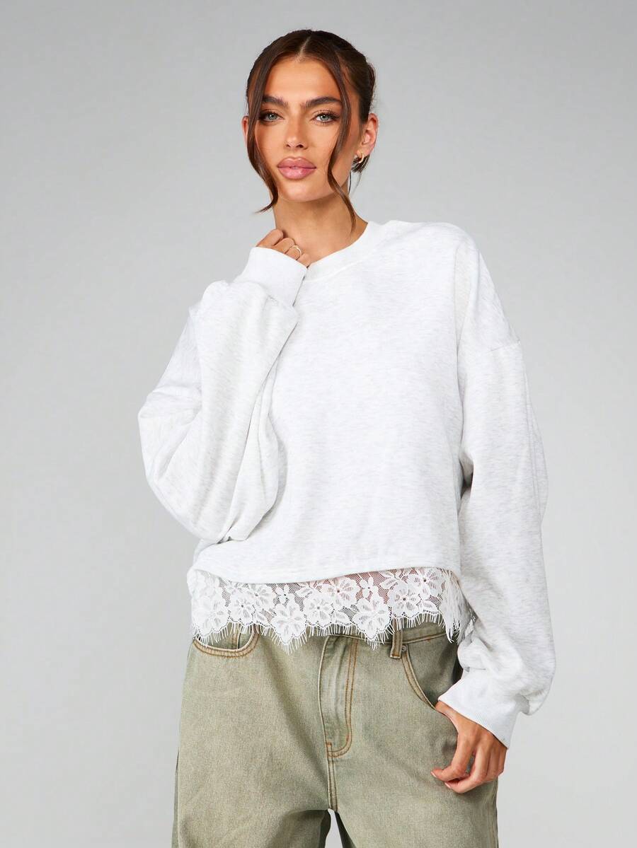 MISSGUIDED Women's Brushed Back Sweatshirt With White Lace Trim Hem Detail Long Sleeve Crew Neck Pullover Top For Fall Winter Season - Grey - View 1