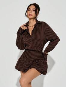 SHEIN PETITE 女士休闲套装，女士秋季穿搭，棕色泡泡裙和衬衫，棕色条纹 - 棕色 - 查看 3