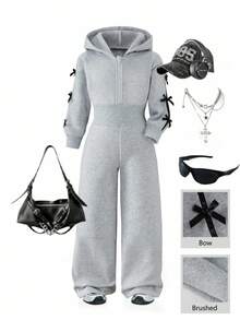 Genkimix Kids 韩版少女舒适灰色抓绒蝴蝶结松紧腰连体衣 - 淺灰色 - 查看 9