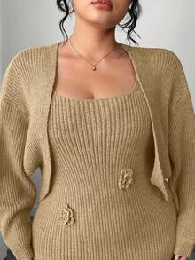 Elenzga Plus Size Solid Color Elegant Knitted Floral Dress With Batwing Cardigan Sweater Set - Khaki - View 5