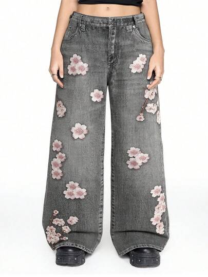 ROMWE Avant Y2K Punk Sakura Blumen Digital Muster Weite Jeans, Falsch bestickte dunkelgraue Jeans, Jeans für Damen in Große Größen