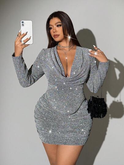 Viva Relle Plus Size Women's New Autumn/Winter Party 2-Piece Set, Plunge Neck Backless Long Sleeve Top With Tie Design, Drawstring Pleated Mini Skirt, Elegant Party Birthday Outfit Slay Diva Dress Silver Dress For Women Rhinestone Dress Diamond Dress Bling Dress Sequin Women Dresses Vegas Night Outfit Curve Silver Outfits For Women Sexy Dress