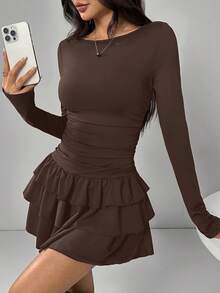 SHEIN EZwear 女士优雅咖啡棕色荷叶边长袖连衣裙 - 咖啡棕 - 查看 6