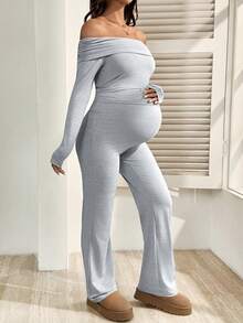 SHEIN Maternity Clothes Maternity Co Ord Set  Spring And Summer  Pregnant Clothes Grey Maternity Set: Off-The-Shoulder Top + Flared Pants In A Comfortable And Casual Knit - Light Grey - View 4