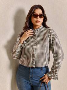 Elaquor Plus Size Women Frill Collar Plaid Long Sleeve Casual Shirt - Coffee Brown - View 3