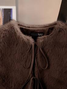 SHEIN Essnce 女士纯色系带仿毛皮背心外套，秋冬季 - 咖啡棕 - 查看 3