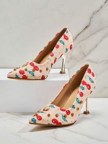 SHUZIA 女士时尚樱桃印花金属铆钉高跟鞋 - 米色 - 查看 5