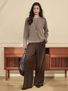 Dazy-Less 女士卡其色圆领基础款长袖T恤，适合秋季、冬季和春季穿着