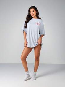 Missguided x Playboy 超大爱心印花睡裙 短袖圆领家居服睡袍 舒适迷你连衣裙 睡衣 - 灰色 - 查看 3