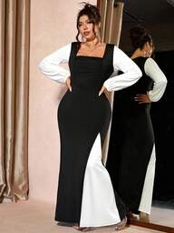 Cravure Vestido de fiesta elegante de manga larga con cuello cuadrado, parches de malla con lentejuelas brillantes y abertura alta para mujer de talla grande, ideal para fiestas de otoño/invierno