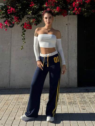 Bearsaez Women's Retro Casual Sports Sweatpants With Numeric Print & Waist Splicing Details, Spring/Summer Graduation,Back To School Outfits,Graduation,Teacher Outfits For Women,Back To School Fall Cloth For Women